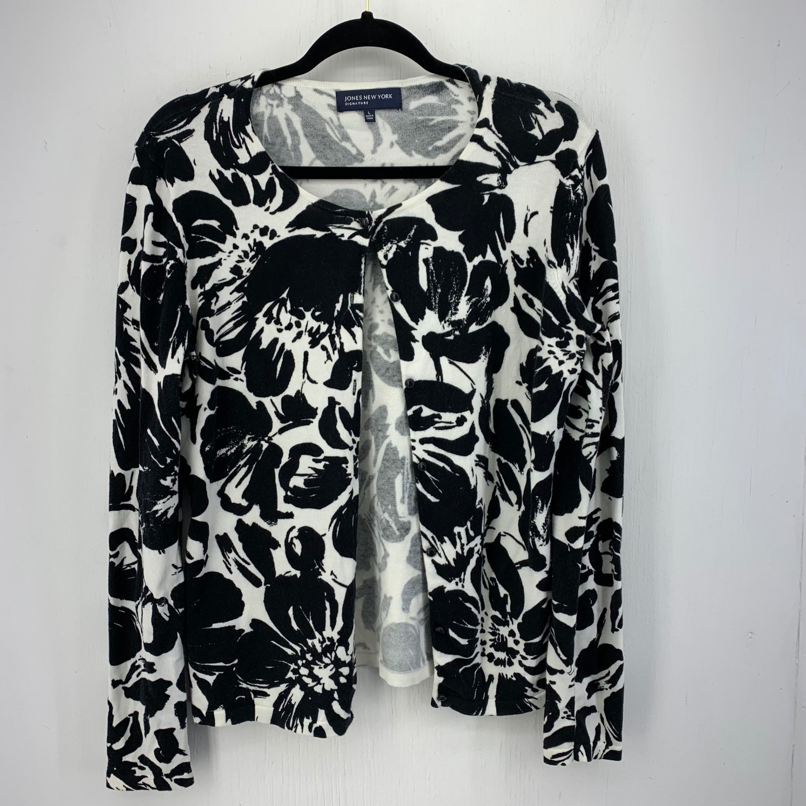 Art Deco Artsy Womens L Black White Floral Cotton Button Cardigan Lightweight
